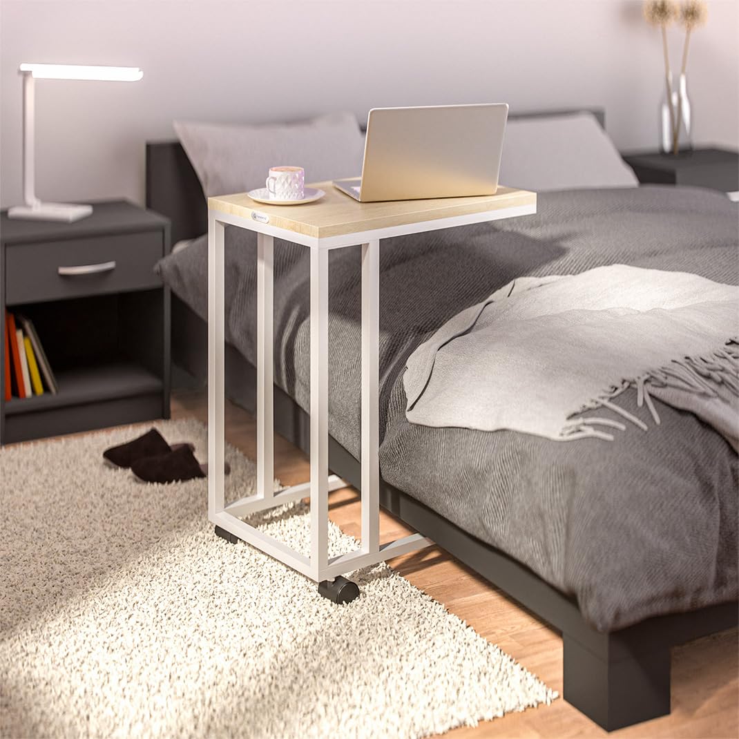 Casaria® Tavolino con Rotelle 50x35x70cm Forma a C Legno Metallo Moderno Portata 40kg Tavolo da Notte Comodino Bianco