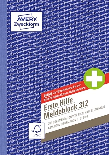 AVERY Zweckform 312 Erste Hilfe Meldeblock nach DGUV Information 204-020 (A5 50 Originale Verbandbuch zur Dokumentation von Unfällen/Hilfeleistungen im Betrieb von Rechtsexperten geprüft)