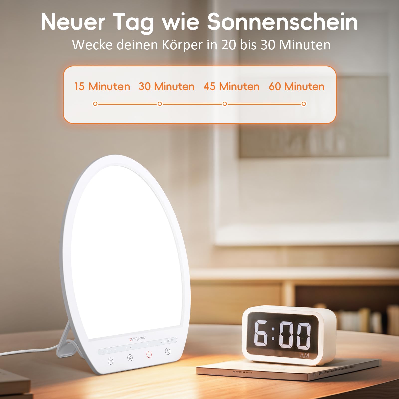 Comfytemp Tageslichtlampe Schreibtisch 16.000 Lux Sonnenlicht Lampe,UV-Frei Lichttherapie 19x24cm Simulation von Tageslicht für Verbessert Schlaf Stimmung Konzentration mit Speicherfunktion