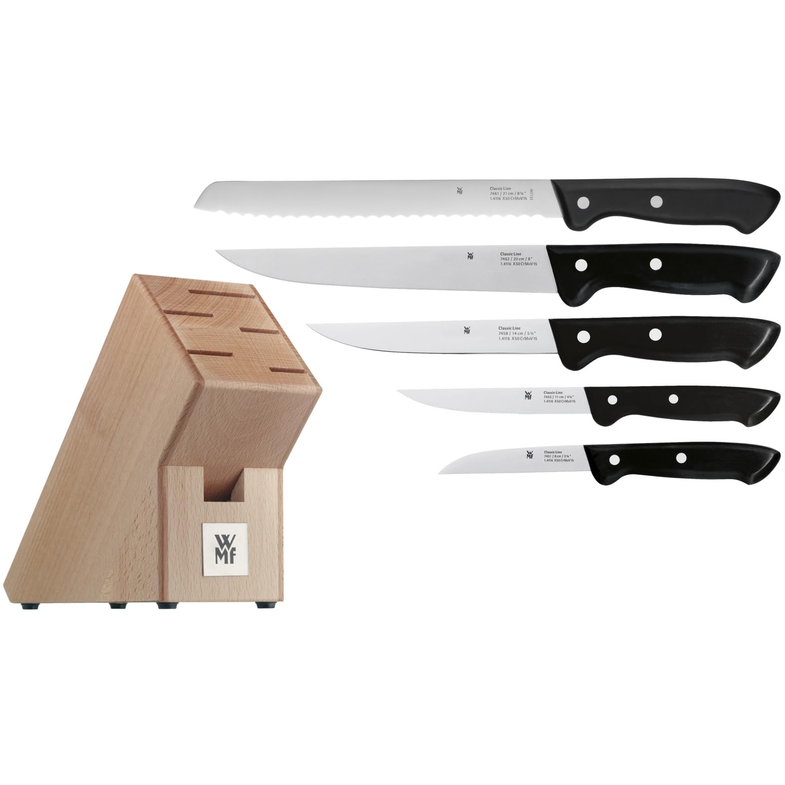 WMF Classic Line Messerblock mit Messerset 6-teilig, bestückt, 5 Messer, Birkenholz-Block, Spezialklingenstahl, natur, schwarz, silber