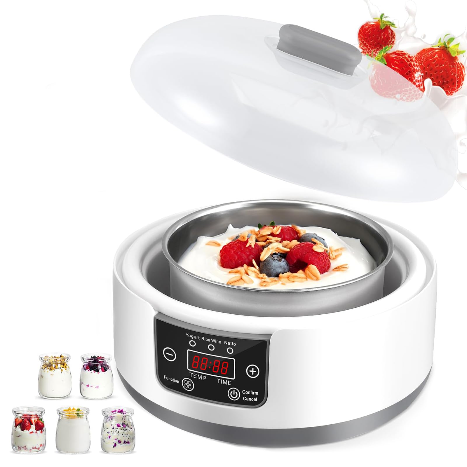 Yogurtera Automática De 1,2 L, Máquina De Vino De Arroz De 20 W con 5 Tarros De Cristal Y Pantalla Led, Máquina De Yogur Eléctrica Automática De Temperatura Constante con Calefacción PTC para Hogar