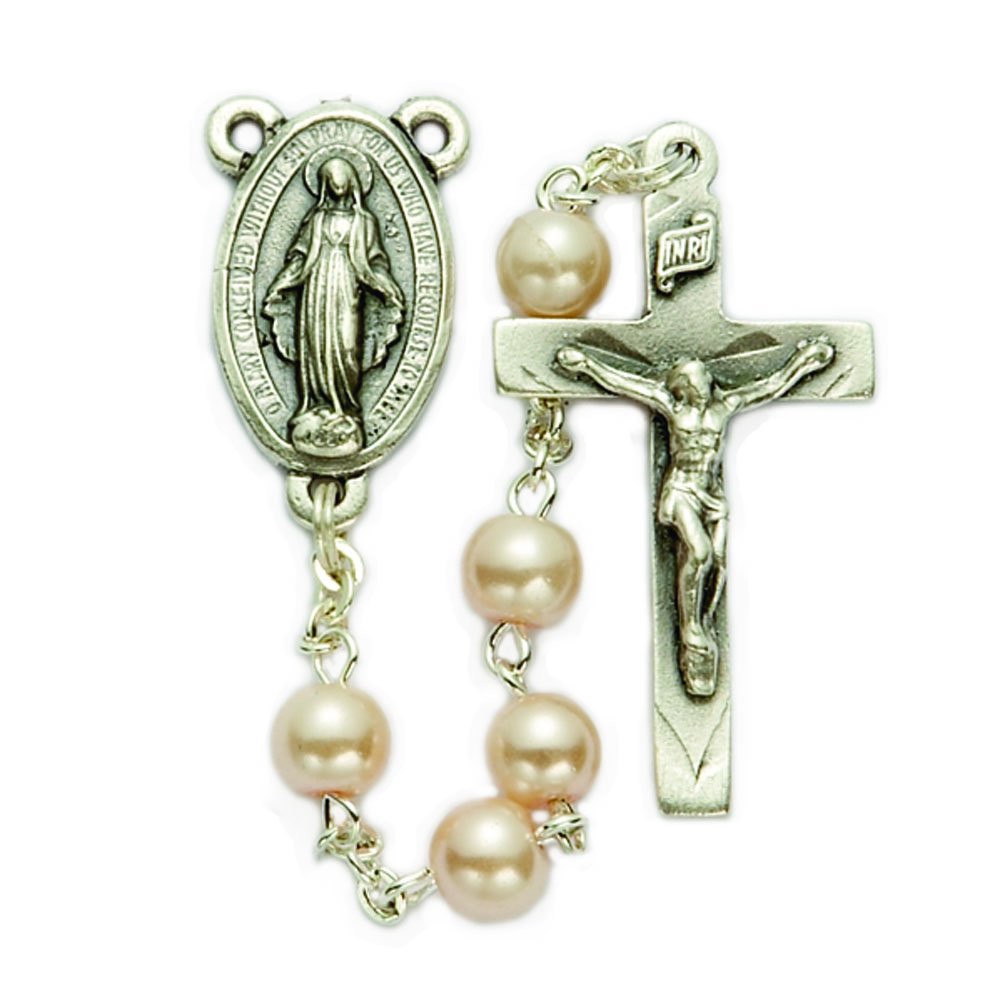 True Faith Jewelry Cream Pearl Rosary Prayer Beads Our Lady Of Grace Miraculous and Jesus’ Crucifix Cross, 17-Inch