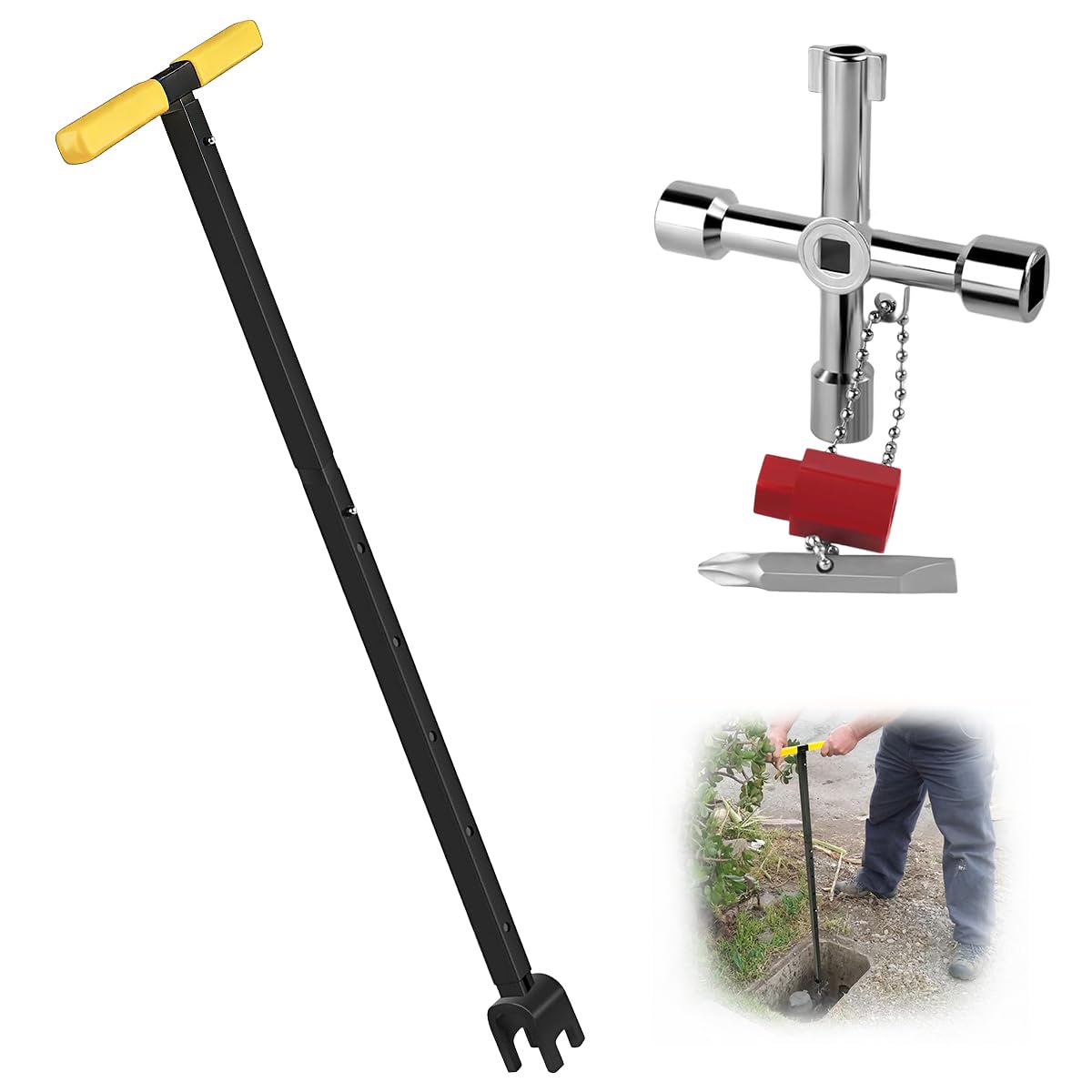 Elyyapt Water Meter Key T Handle Curb Valve Key Wrench Tool 18.5''-37'' Adjustable Length Stopcock Keys Water Shut Off Wrench with 4 Way Utility Tool for Water Shutoff Faucets Valve Pipe (Yellow)