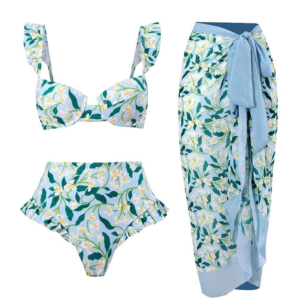 Wuitrie Ensemble bikini 3 pièces pour femme - Élégant - Imprimé vintage - Avec string et jupe portefeuille