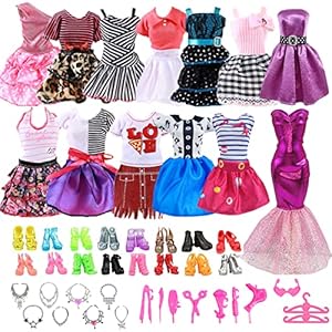 49 stuks kleding compatibel met Barbie-poppen, 11 kleding + 20 stuks schoenen + 5 kettingen + 5 kleerhangers + 1 glazen + 7 kapperset, sieradenaccessoires, jurken voor meisjes van 30 cm