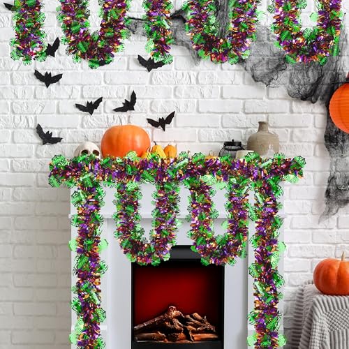 Image of 50 FT Halloween Tinsel Garland, Glitter Tinsel Garlands with Purple Green Spider and Web, Metallic Holiday Hanging Streamers for Halloween Party Supplies Indoor Outdoor Decor