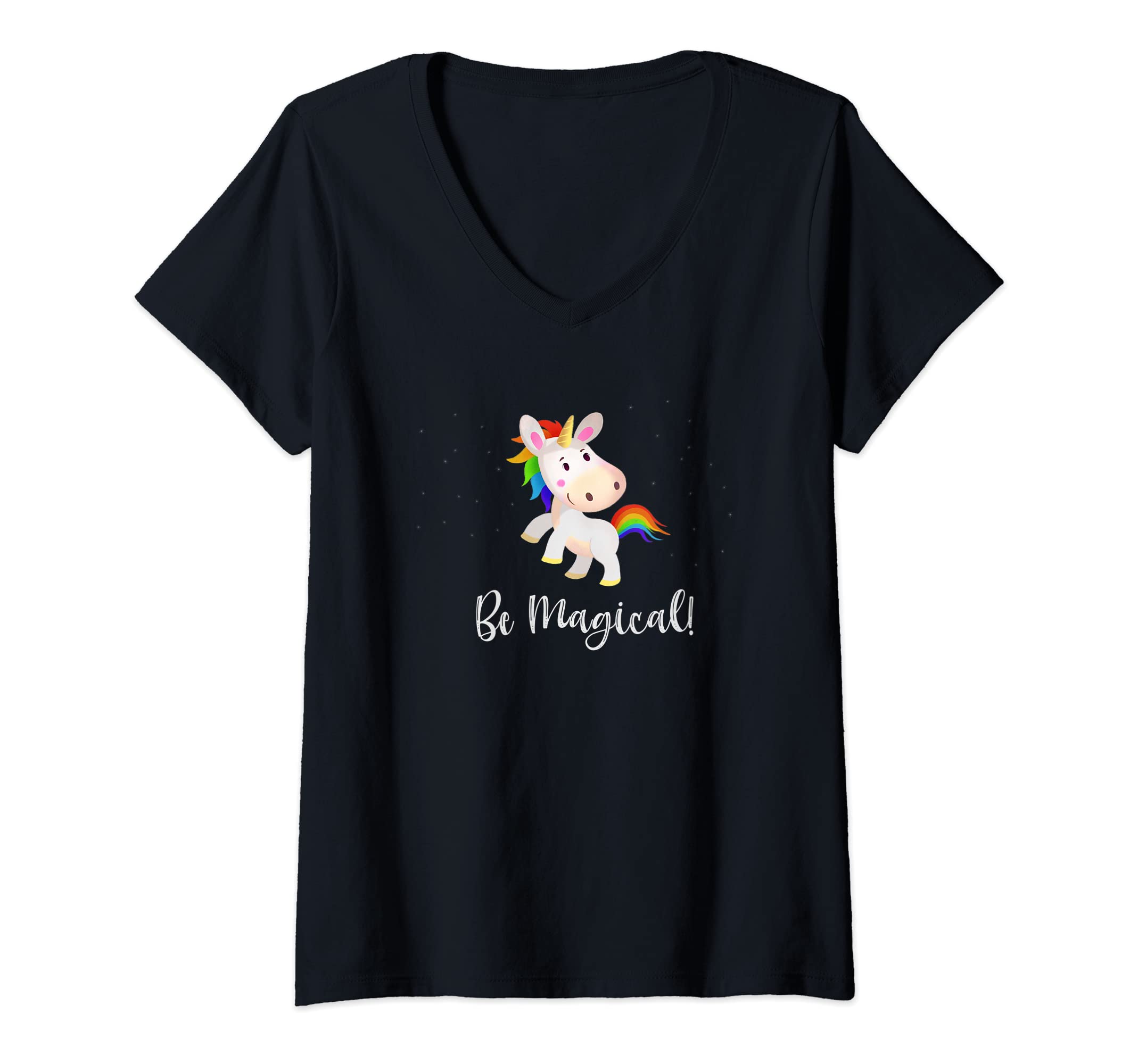 Womens Be Magical Rainbow Unicorn V-Neck T-Shirt