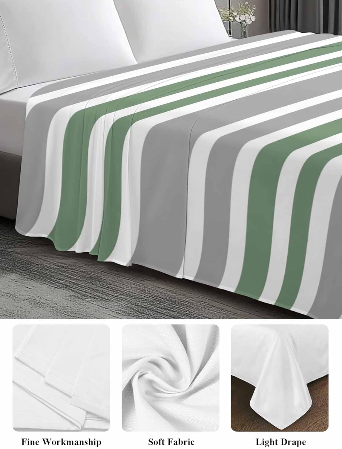 Top Sheet Full Bedding Flat Sheet Only, Sage Green Grey Horizontal Stripes Microfiber Bed Sheets Soft Breathable Bedding Flat Sheets, Monochromatic Tones Line Hotel Luxury Top Sheets
