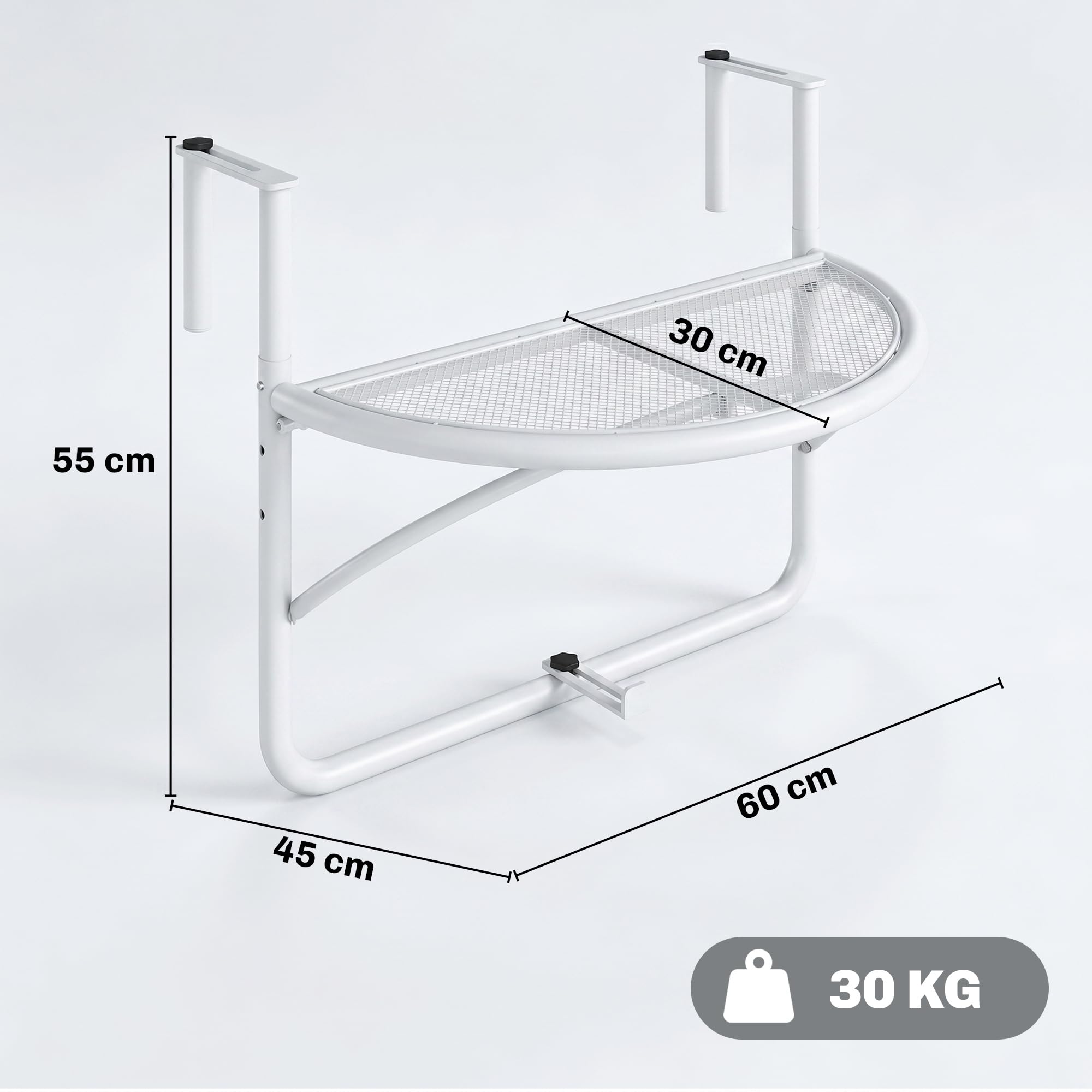 Outsunny Table Suspendue pour Balcon - Table de Jardin - Hauteur réglable - Semi-Ronde - Diamètre : 30 cm - Métal - Blanc - L 60 x l 45 x H 50 cm
