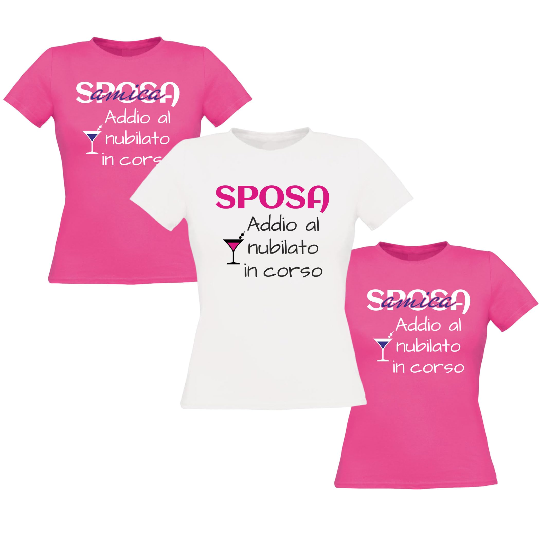 Fashion Graphic Set Magliette t-Shirt Donna Team Bride Sposa per Festa Addio al Nubilato, Amiche Sposa Tshirt Donna Cotone Addio al Nubilato Gadget (Bianco/Fucsia)