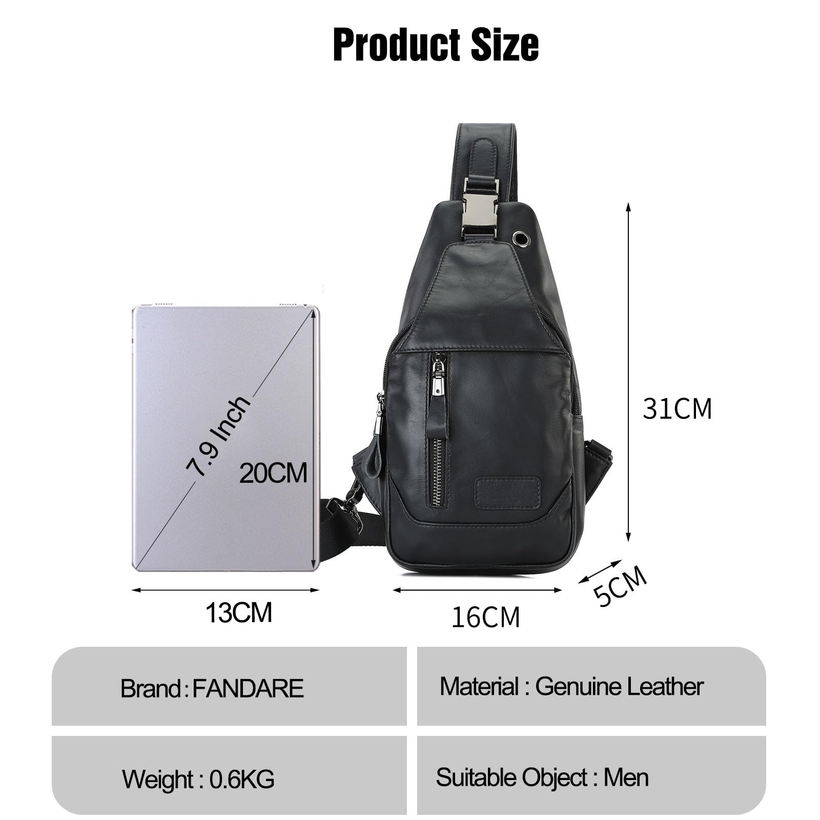 FANDARE Retro Brusttasche Herren Schultertasche Leder Herrentasche Umhängetasche Bodybag Brustbeutel Sling Chest Bag Crossbody Pack Geschäft Tagesrucksäcke für Freien Reisen Wandern Joggen Schwarz