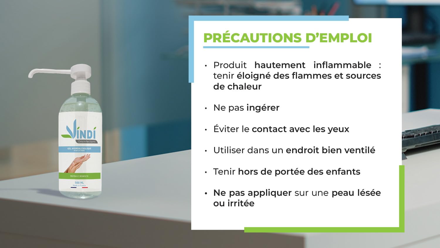 Vindi Désinfectant gel hydroalcoolique - Lot de 4 flacons pompe de 500ml - Fabrication Française - 76% d'alcool - Désinfection des mains - Virucide