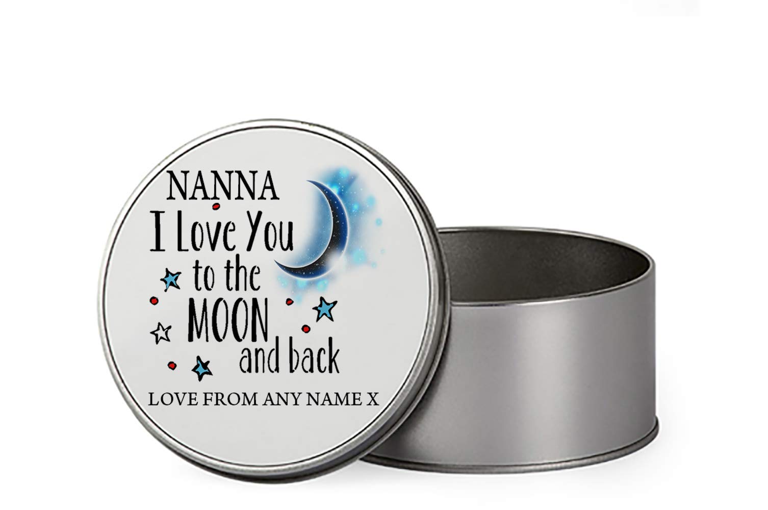 Giftme Personalised Nanna I love You To The Moon And Back Portable Metal Tin Storage Box Biscuit Chocolate Tin Emergency Stuff Tin Birthday Present. (Round)