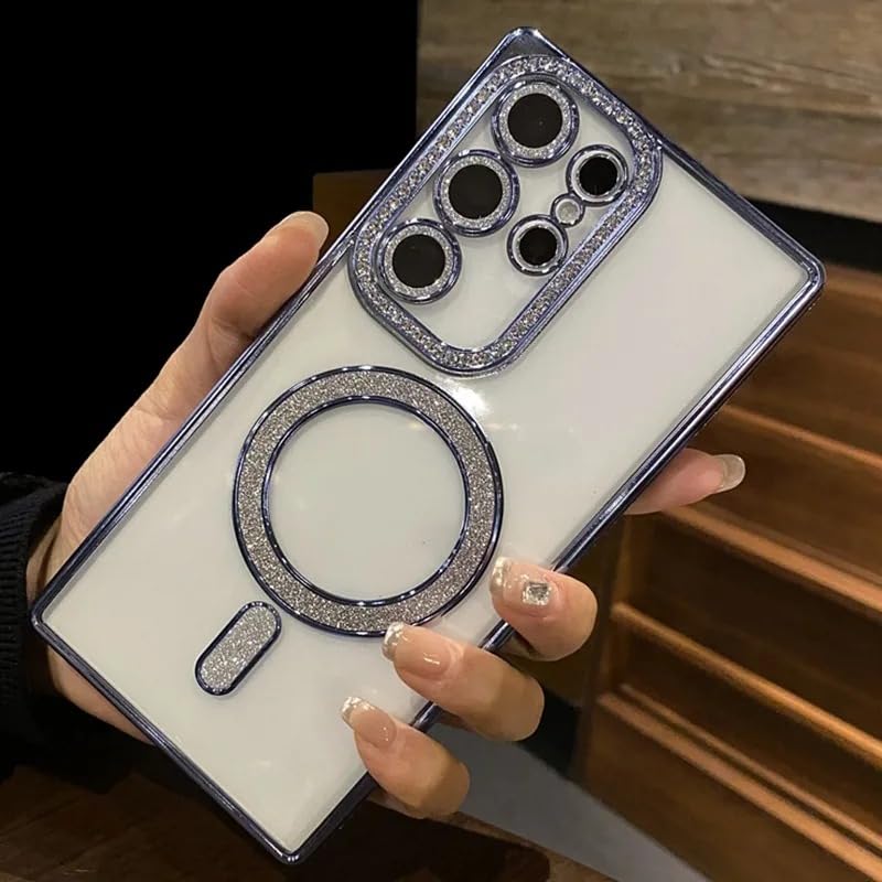Image of for Samsung Galaxy Glitter Case,Luxury Bling Rhinestone Diamond Plated Bumper Case,MagSafe, Sparkle Camera Lens Protection Clear Back Cover (Blue, for Samsung Galaxy S24 Ultra)