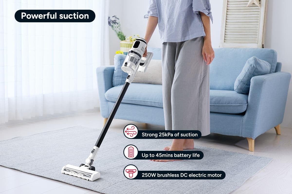 Person using Kogan MX10 Pro vacuum cleaner on a rug, with icons for strong suction, battery life, and brushless motor