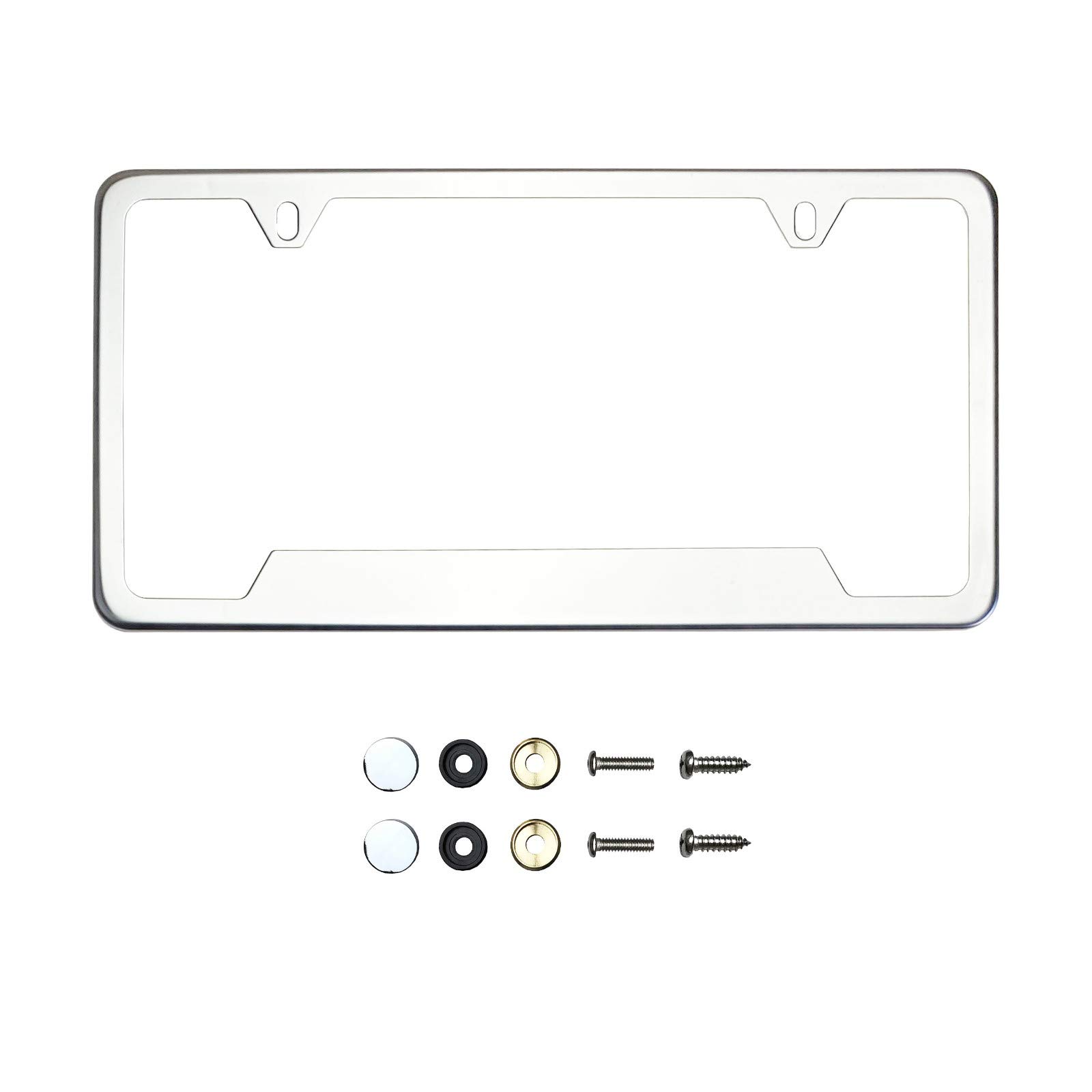 KA DepotBottom Corner Cut Out Version Chrome Polish Mirror License Plate Frame T304 Stainless Steel + Metal Screw Caps