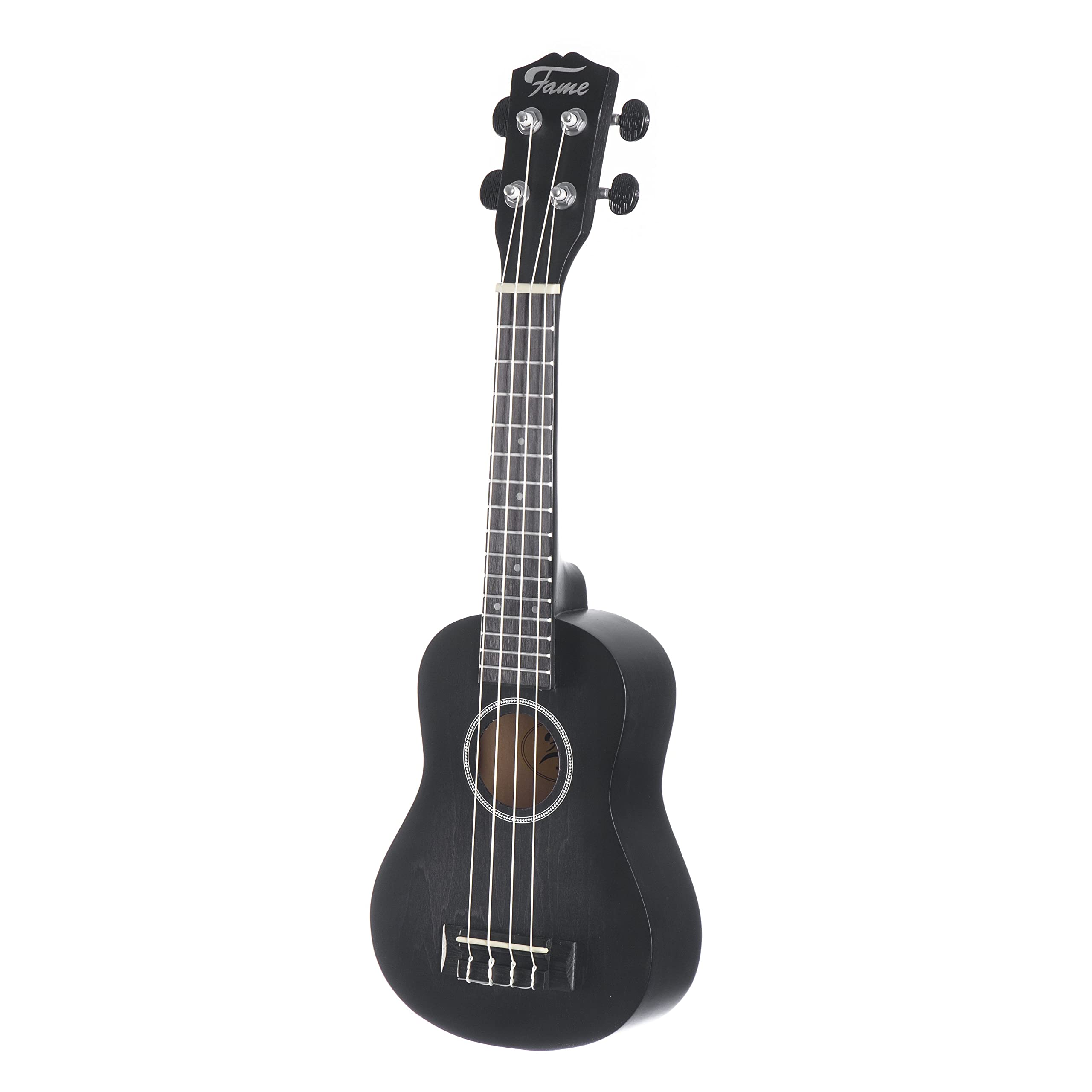 Fame Deluxe Sopran Ukulele Set, Schwarz Matt Finish, inklusive Ukulelenbuch, Clip-on Tuner und Gigbag, Ideal für Einsteiger