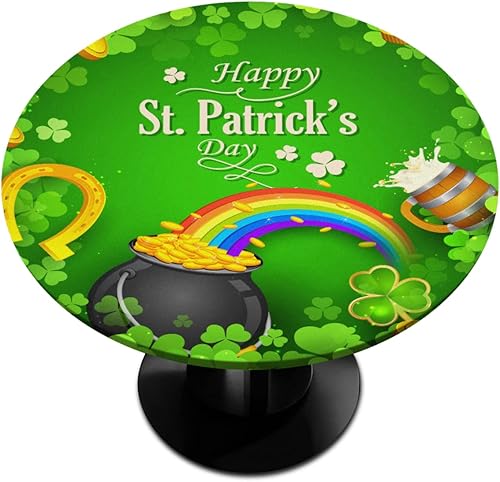 Mantel redondo ajustable para el día de San Patricio con bordes elásticos, diseño de trébol de la suerte, diseño de herradura arco iris, lavable,