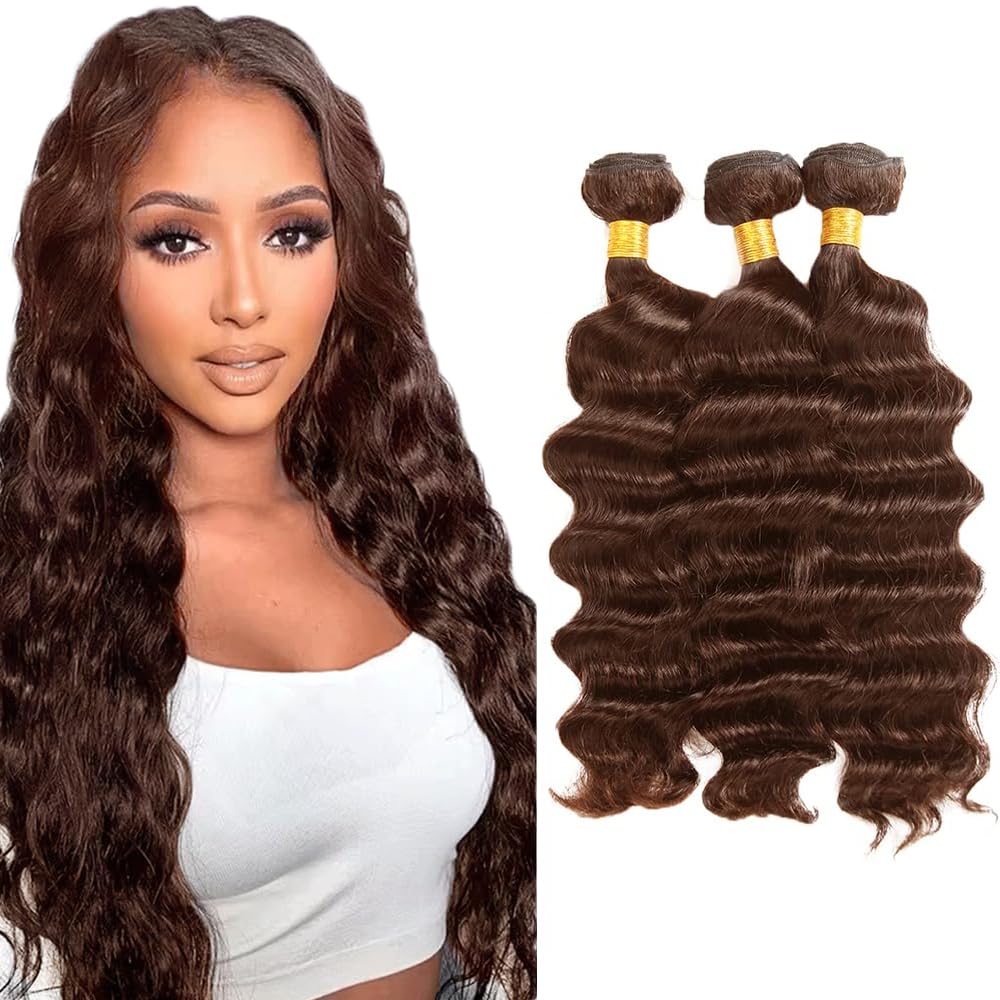 Creuost Human Hair Bundles #4 Chocolate Brown Deep Wave Weave 3 Bundles Total 300g Unprocessed Glueless Virgin Double Weft Human Hair Extension 24 26 28 Inch