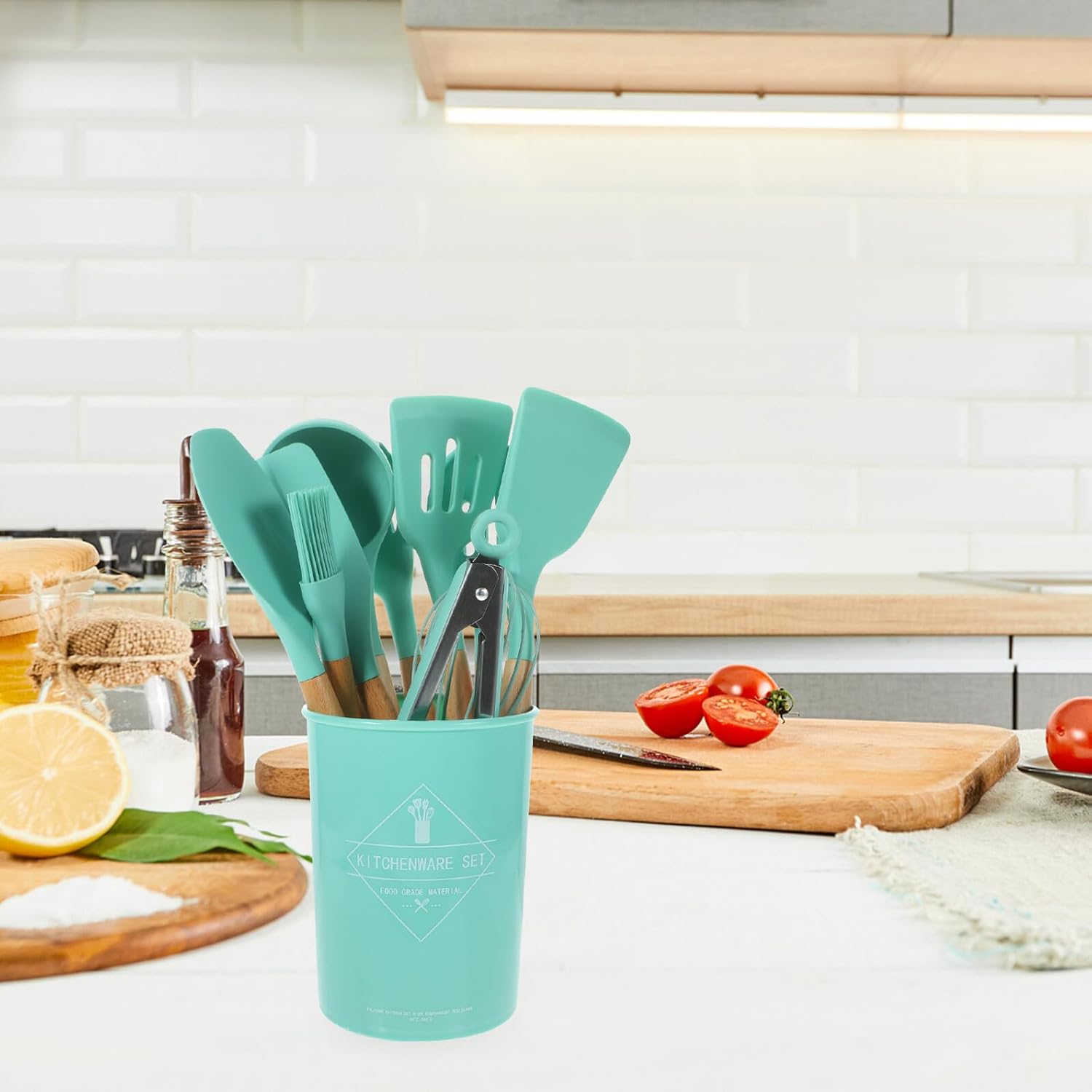 12pcs Kitchen Silicone Utensils Set with Nylon Storage Bucket and Wooden Handles, Heat Resistant Cooking Tools for Home Cooking and Baking, Deep Green