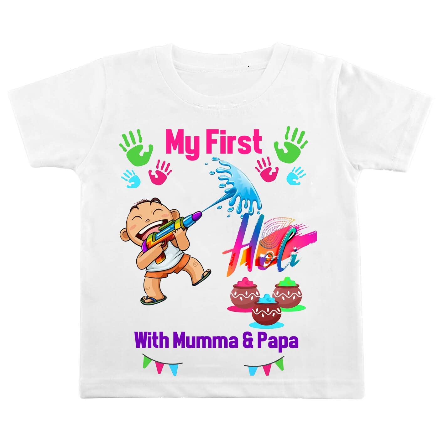 My First Holi wid Mumma & papa Tshirt for Kids Baby boy Girl Infant Unisex Half Sleev Round Neck Tshirts