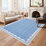 GarveeHome Scalloped 8x10 Rug for Living Room Washable Non-Slip Solid Blue Modern Minimalism Low-Pile Carpet 8 x 10 Rug for Bedroom Dining Nursery Mat with Rubber Back