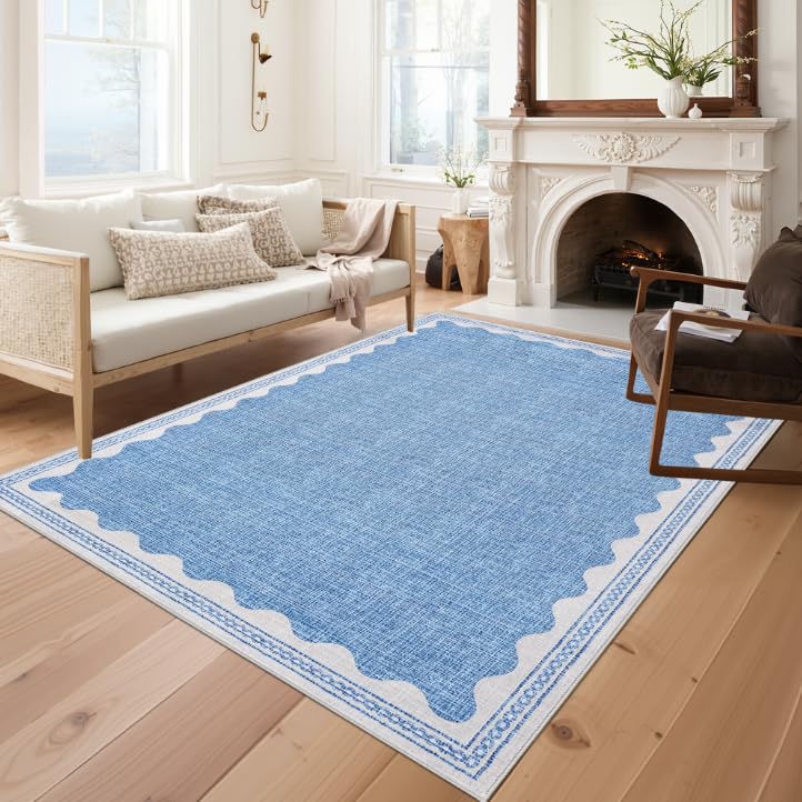 GarveeHome Scalloped 8x10 Rug for Living Room Washable Non-Slip Solid Blue Modern Minimalism Low-Pile Carpet 8 x 10 Rug for Bedroom Dining Nursery Mat