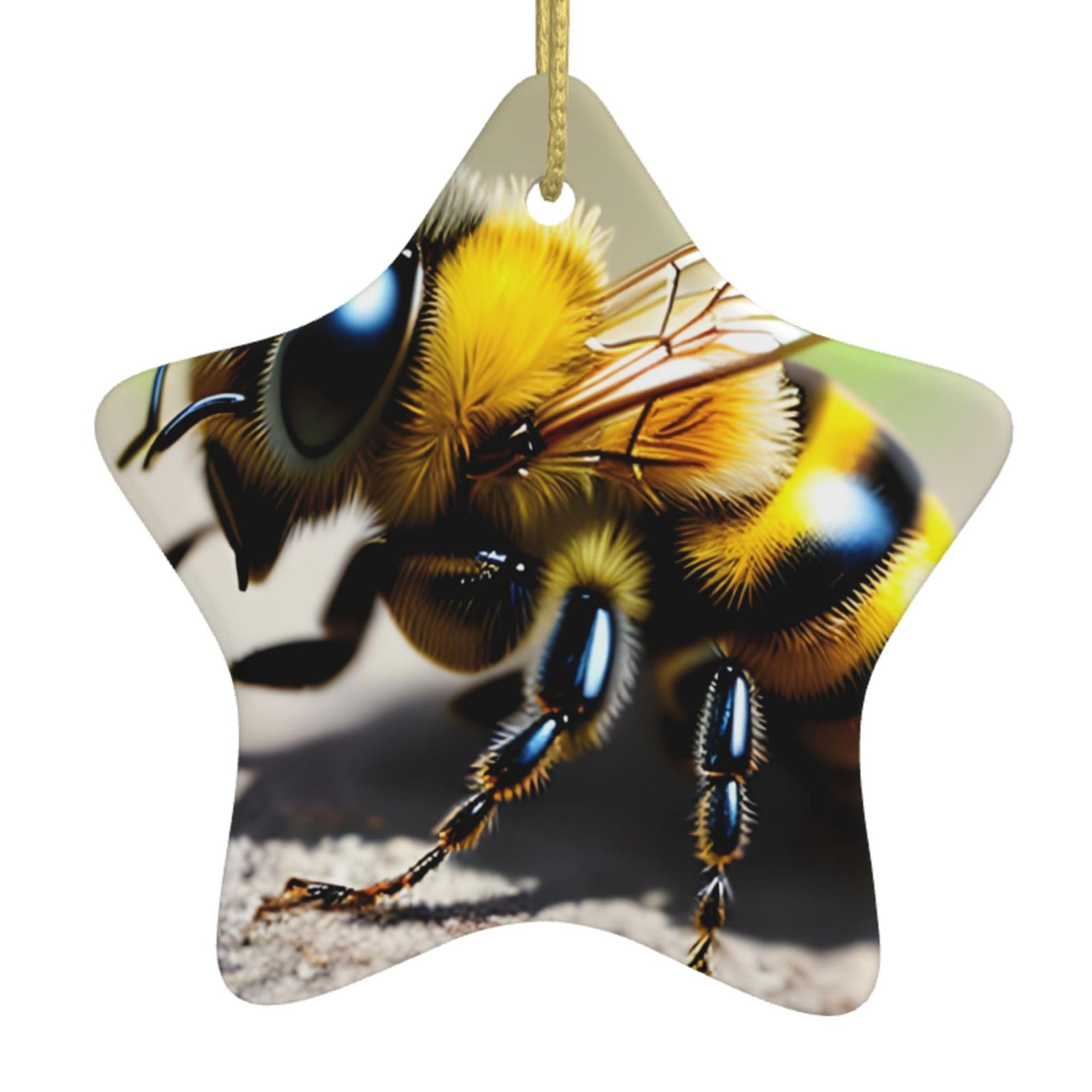 Cute Little bee Christmas Ceramic Star Pendant with Punched Holes and Gold Wire Rope, Christmas Tree Home Decoration