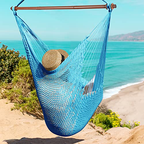 Upgraded Caribbean Hammock Chair With Detachable Metal Bar, Large Hammock Swing Chair, Xl Rope Hanging Chair For Outdoor Indoor, 330 Lbs Weight Capacity, Deepskyblue #TOP6