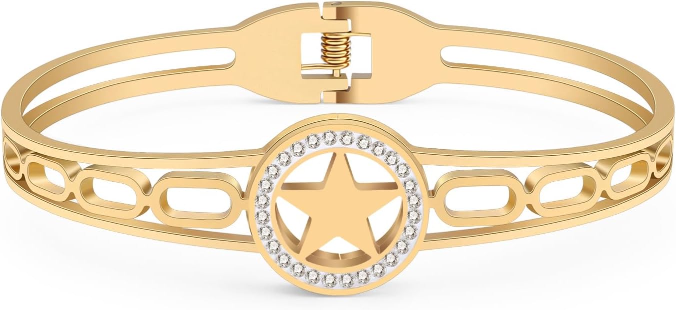 Stainless Steel 18K Gold Silver Plated Crystal Lucky Star Bracelets Fun Pentacle Hollow Out Cuff Bangle Jewelry For Women Friendship Charms Gifts - Image 2