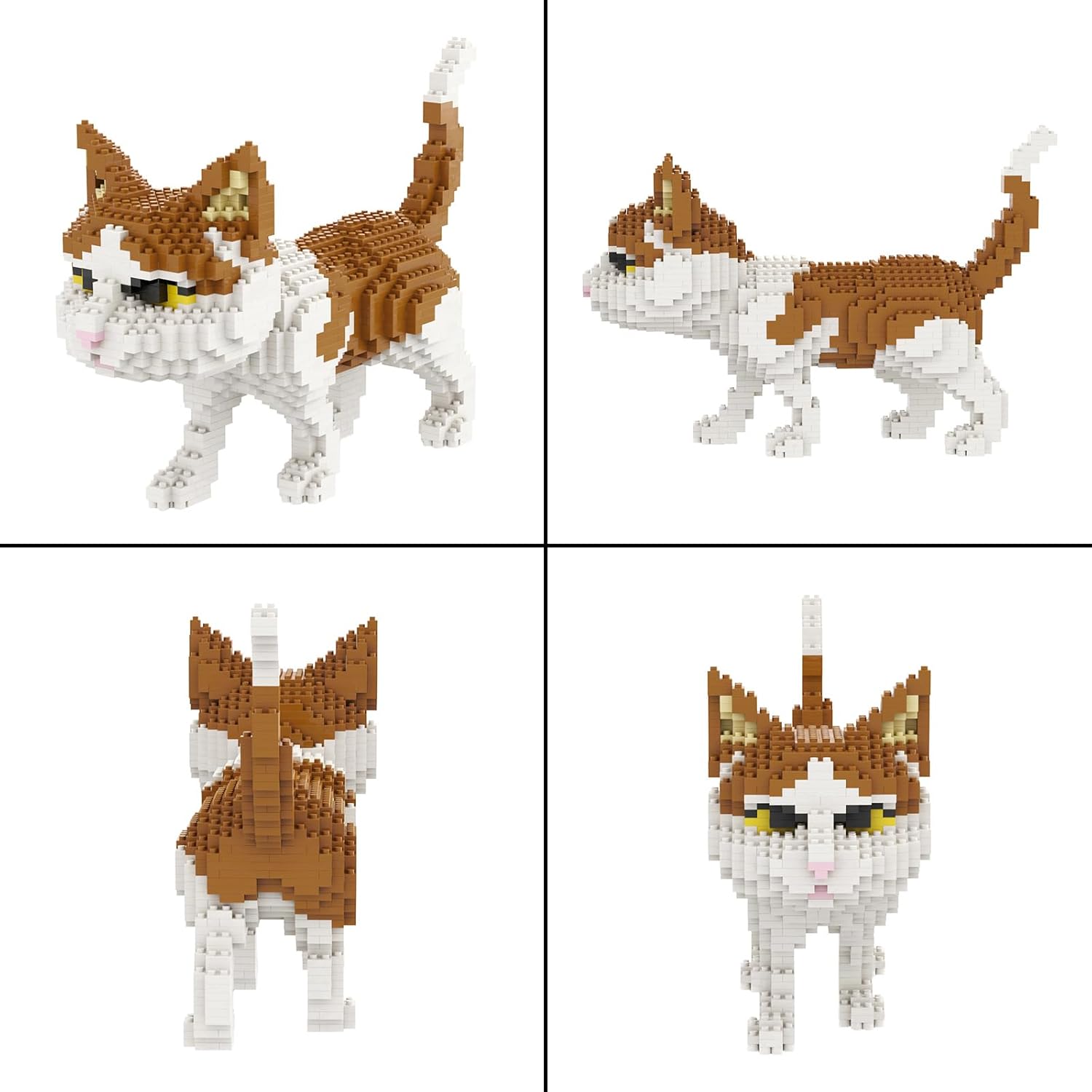 Four different views of the assembled Larcele Cat Mini Building Blocks model, showing front, back, and side profiles.