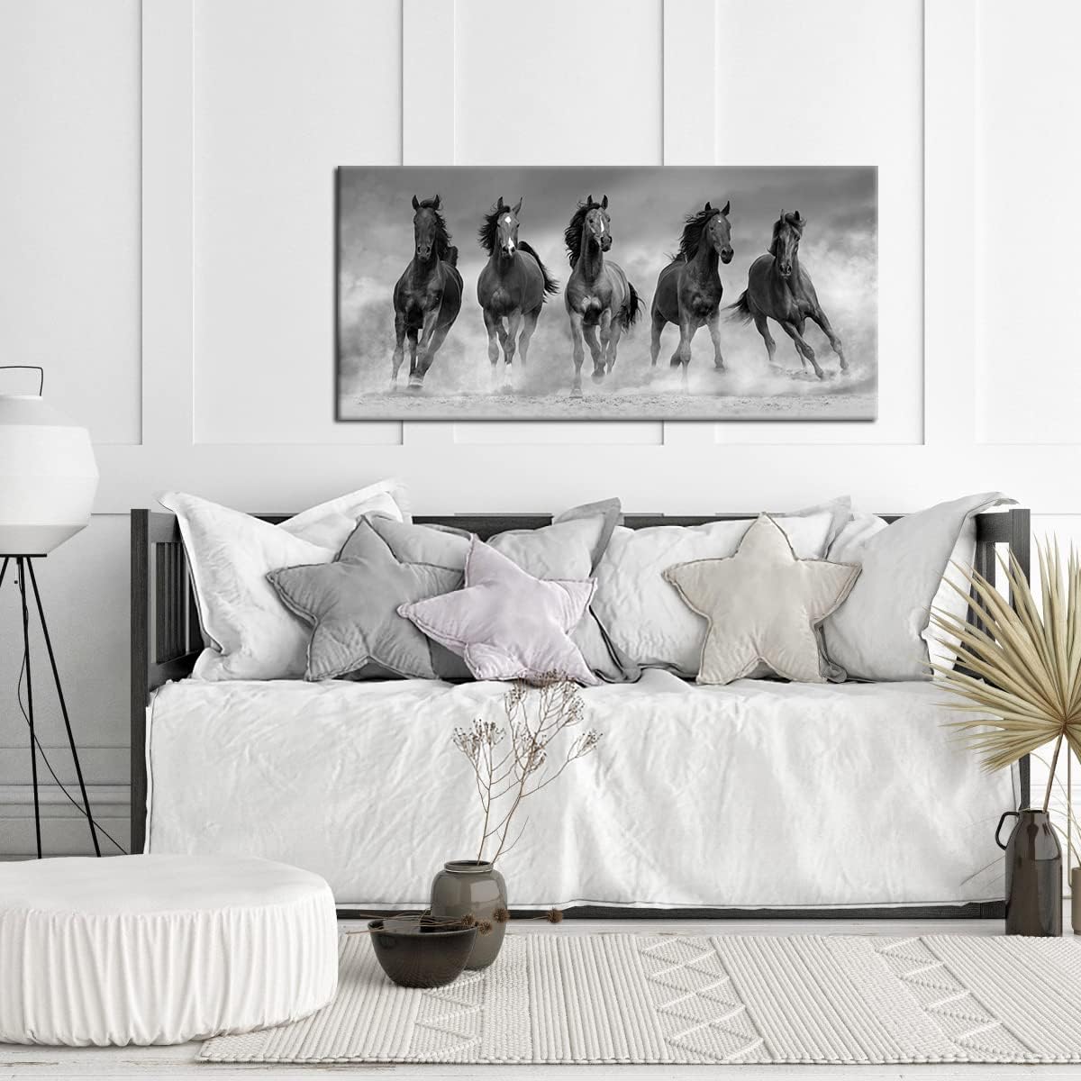iLOOKLiKE Large Running Horse Canvas Pictures Wall Art Black and White Paintings Modern Wild Animals Artwork for Living Room Bedroom Decoration Framed and Ready to Hang Gallery Wrapped 20x48inch