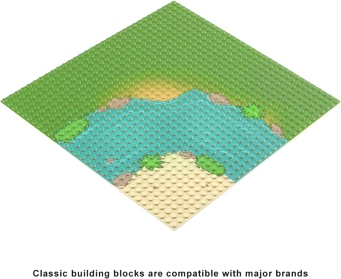 Feleph 4 Pieces Classic Baseplate with River and Grassland Pattern Base Plates for Building Blocks 10 x 10 Inches Mat Compatible with Major Brands