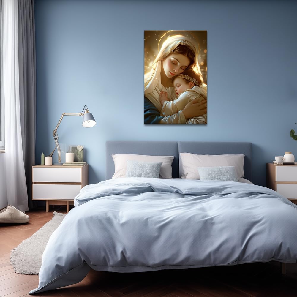 ZQQART Virgin Mary Canvas Wall Art - Baby Jesus Nestled in Mary Picture Prints - Religious Christian Wall Decor - Frame Ready to Hang (12.00" x 18.00")