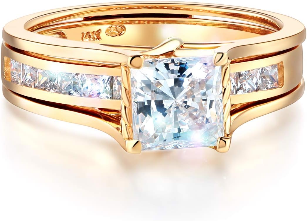 Wellingsale Ladies Solid 14k Yellow -OR- White Gold Polished CZ Cubic Zirconia Princess Cut Engagement Ring with Side Stones and Wedding Band Two Bridal Set