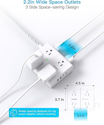 Miniatura 6 de Cable protector de sobretensiones de 15 pies, cable de extensión plano ultrafino con 8 tomas, 4 puertos USB (2 USB C), regleta de alimentación de