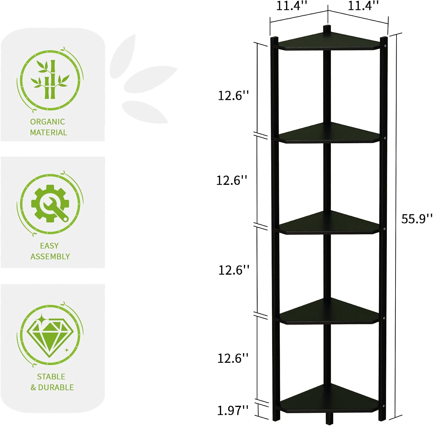 Wisuce Bamboo Tall Corner Shelf Stand, 5-Tier Black Corner Bookshelf
