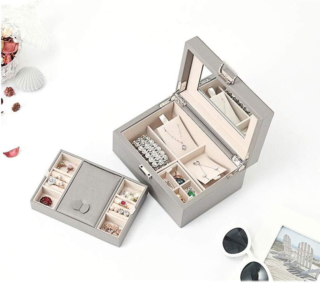 Jewelry Boxes Mirror Jewelry Box Artificial Leather Double-layer Disassembly Large-capacity Earrings Necklace Ring European Storage Gift 3 Color 21 * 15 * 9.8cm (Color : Red) (Color : Pink), Gray