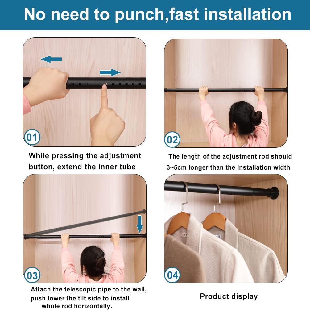 BAOYOUNI Extendable Clothes Wardrobe Rail Telescopic Tension Window Shower Curtain Rod No Drill Closet Hanging Pole Room Divider 43.3''-102.36'' for Bathroom, Bedroom, Balcony - Matte Black