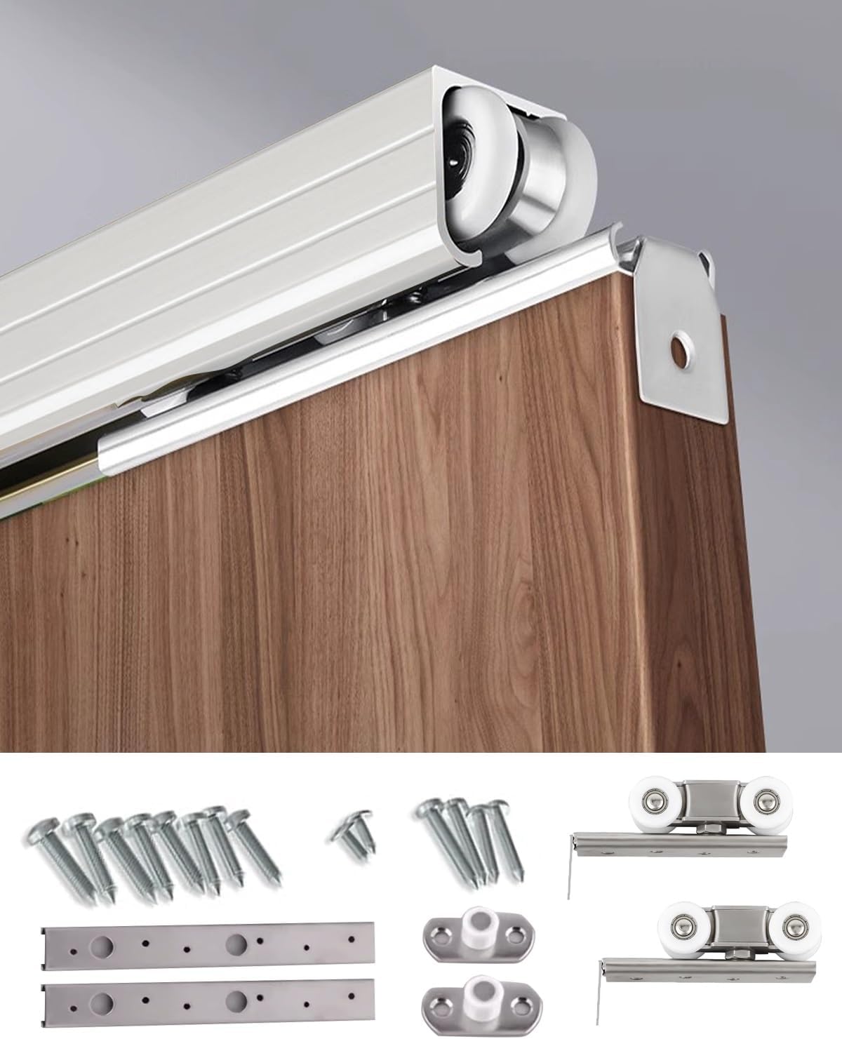 Silver Bifold Barn Door Hardware Kit, 48 Inch / 84 Inch / 120 Inch Box Rail Track Set for Sliding Single Door, Outdoor Shed Garage Door Track Hanger(223.5cm/88inch)
