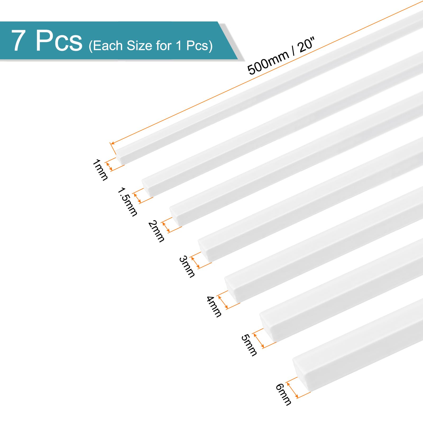 MECCANIXITY 7pcs ABS Square Rod, Diameter 1mm to 6mm, Length 500mm, ABS Plastic Stick Solid Bar, White Plastic Rods Assortment Kit for DIY Architectural Model Building Making