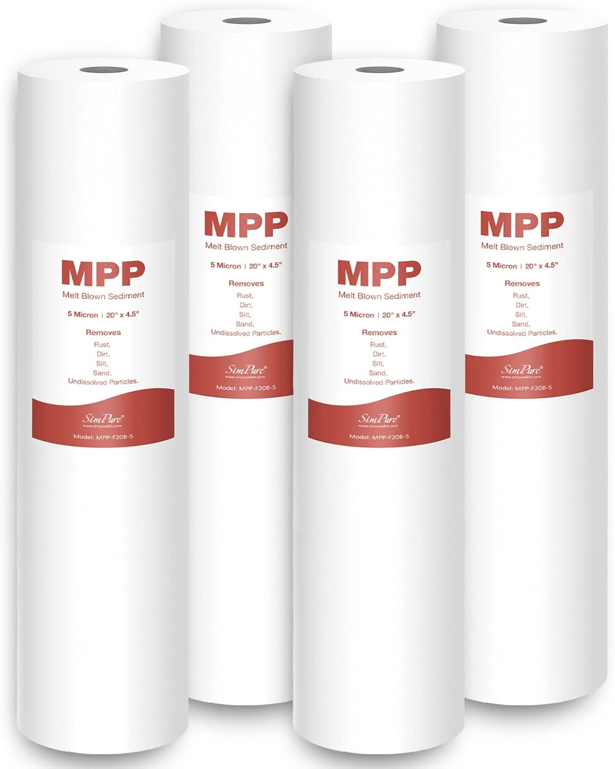 SimPure Sediment Water Filters, 5 Micron 20" x 4.5" Whole House Water Filter Replacement Compatible for SimPure DB20 Blue Housing, WGB22B, WGB32B, AP802, BB20B, BB20T, 4 Pack