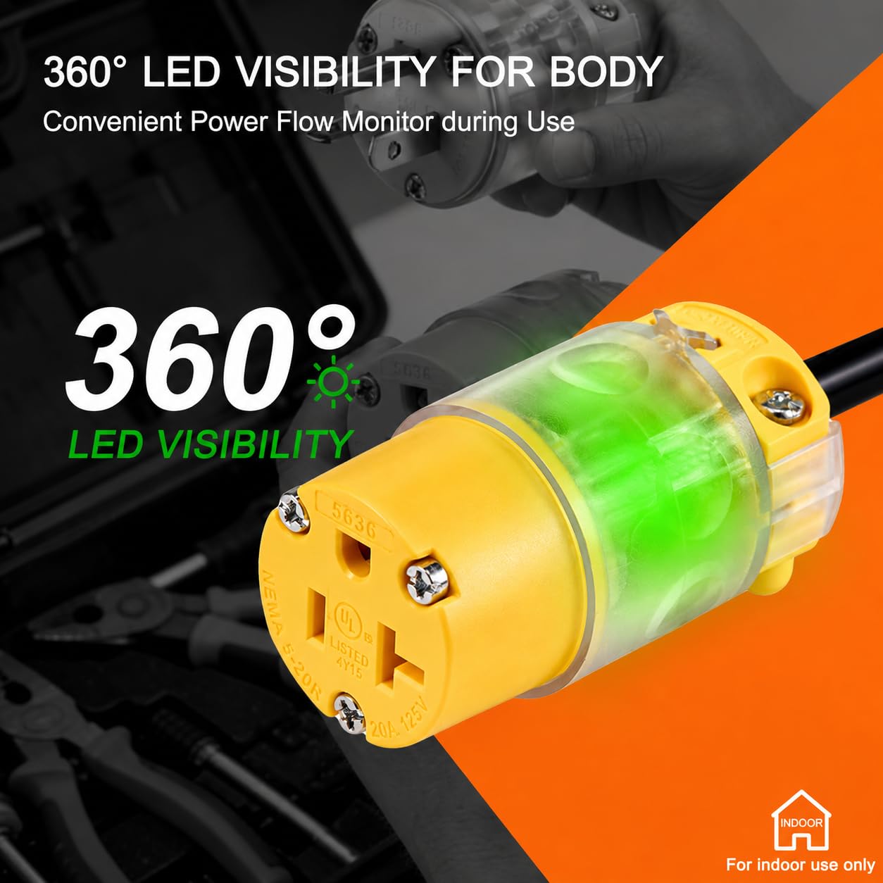 Lighted Extension Cord Replacement Ends 1 Set, 20 Amp 125 Volt NEMA 5-20 Heavy Duty Plug and Connector Set, Industrial Grade 3-Prong Straight Blade Grounding Type, 2P 3W UL Listed