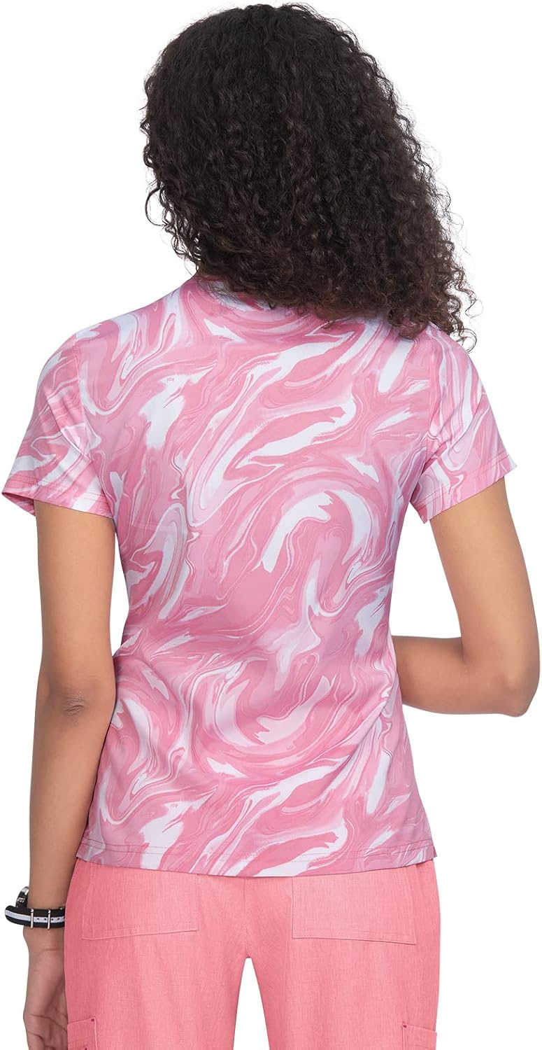 KOI Basics Leslie Women's 2-Pocket Stretch Print Top Soft Pink All Over Marble 5X