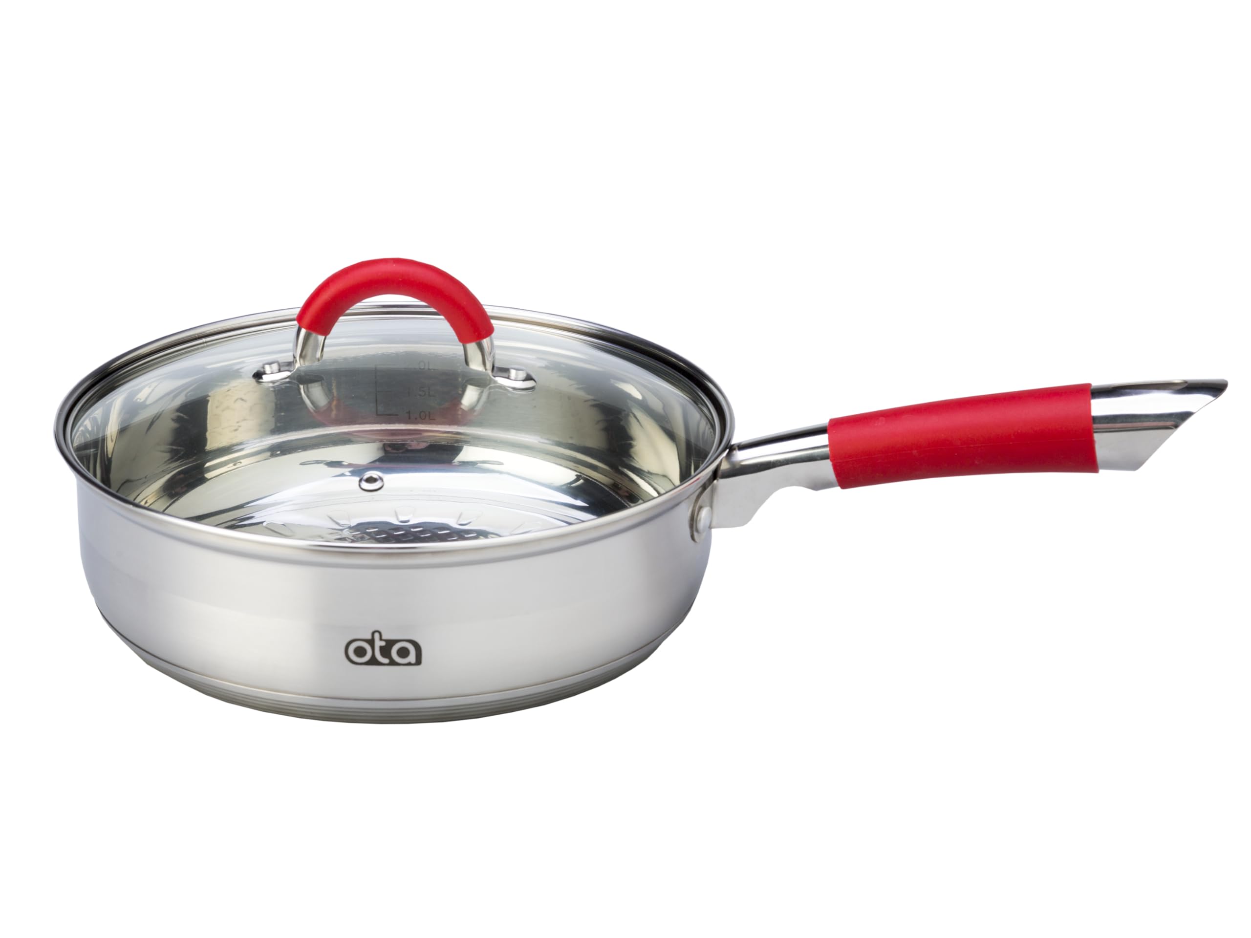 OTA Batería de Cocina 12 Piezas Acero Inoxidable Tapas de Cristal Apto para todo tipo de cocina con Asas Rojas