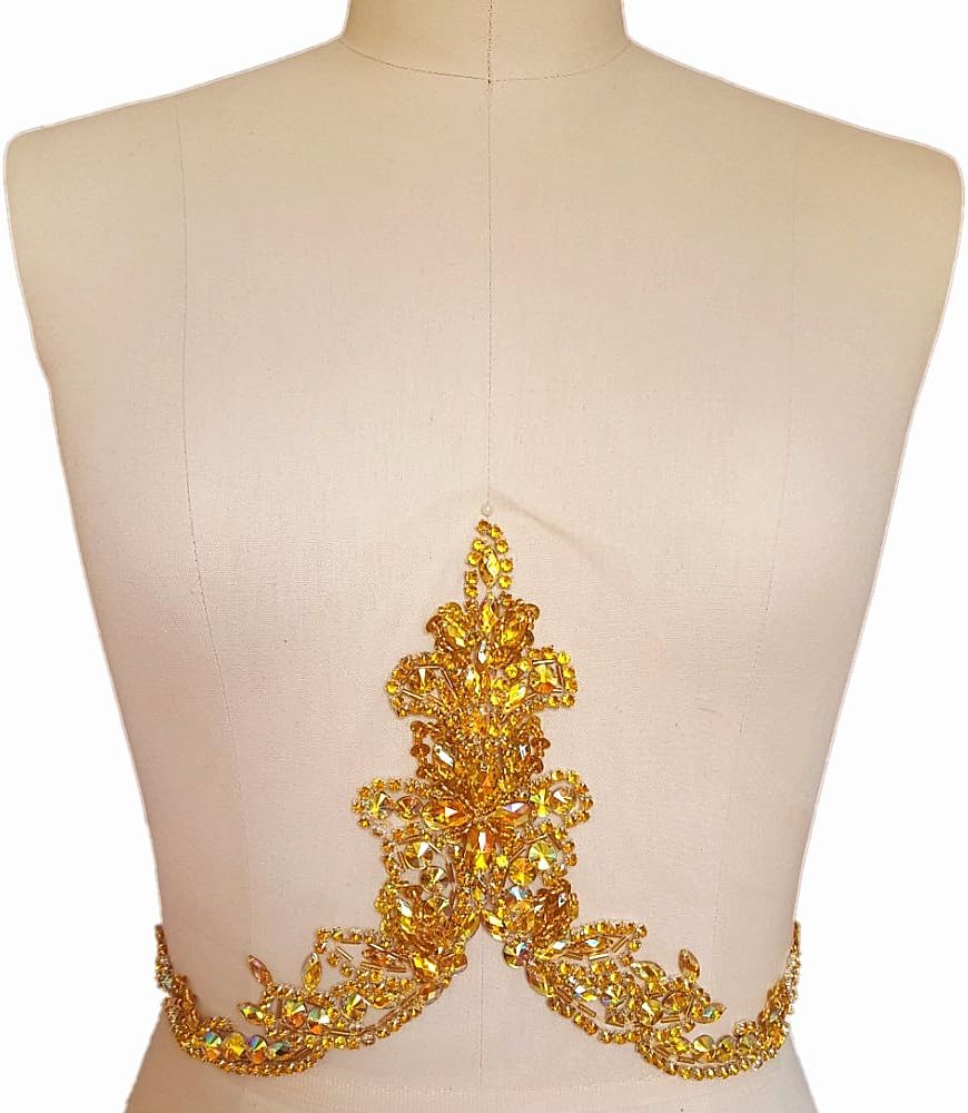 Handmade Beaded Sequin AB Color Bling Sew On Neckline Rhinestone Crystal Trim Bridal Applique Design Patch Sewing for Wedding Dresses DIY Decoration 20x34cm (Yellow)