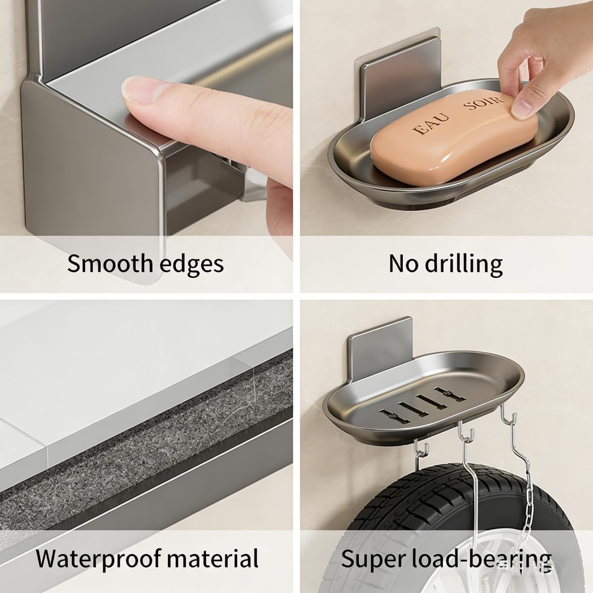 No Drilling Soap Dish for Shower, Self Draining Soap Bar Holder with Removable Drip Tray, Wall Mounted Rustproof Soap Saver for Bathroom, Kitchen, Toilet