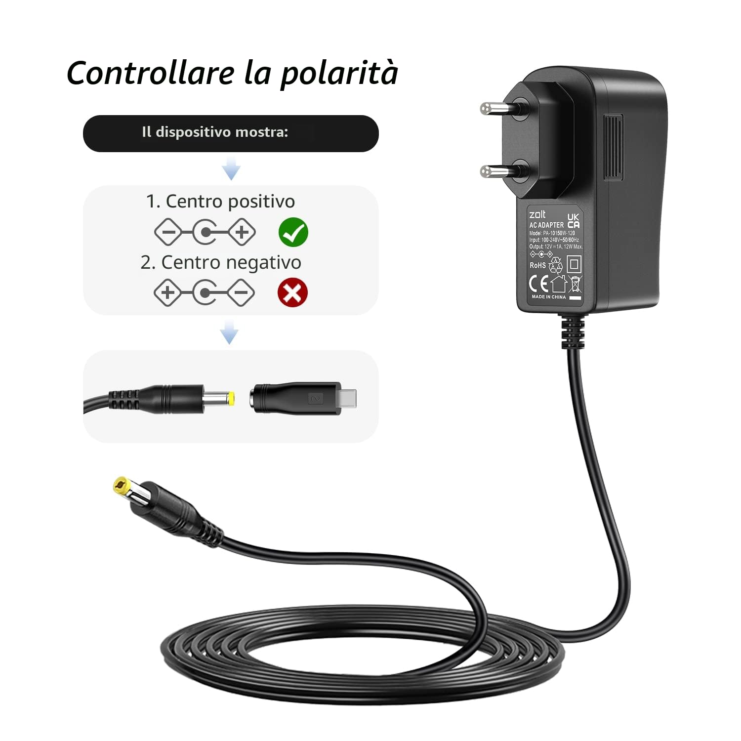Zolt 12V 1A Alimentatore, Caricatore Trasformatore Adattatore di Alimentazione CA CC Universale con 9 Spine CC, 1000mA Max.