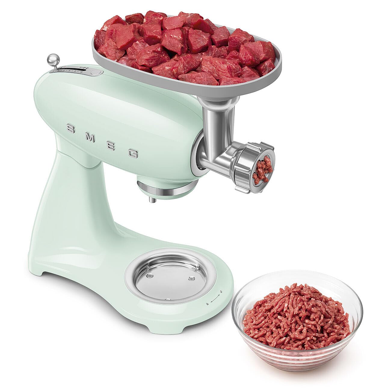 Smeg, Full Color SMF0PGREU Planetenkneter, 10 Geschwindigkeitsstufen, Smooth Start und Steady Mix Funktion, 4,8 L Schüssel, Motorblock, 3 Schneebesen und Knethaken, 800 W, pastellgrün
