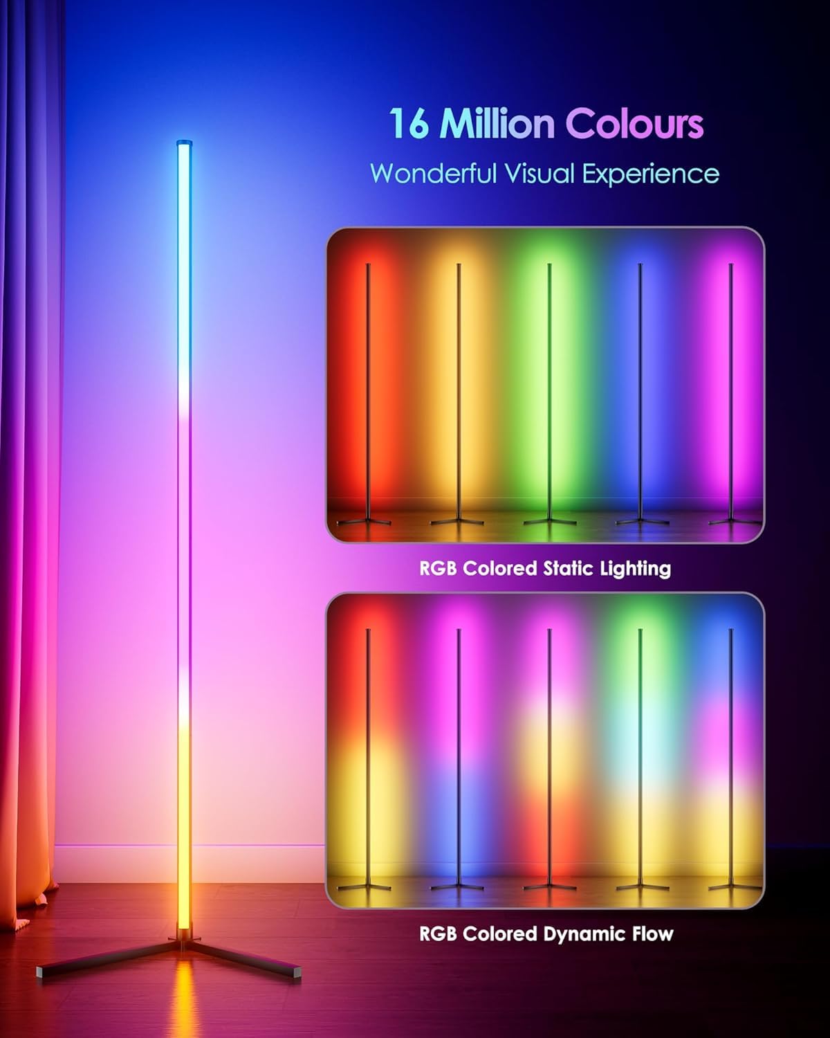 Lampadaire d'angle LED avec application et télécommande, 16 millions de couleurs à faire soi-même et plus de 68 scènes, synchronisation de la musique, lumière d'ambiance intelligente à